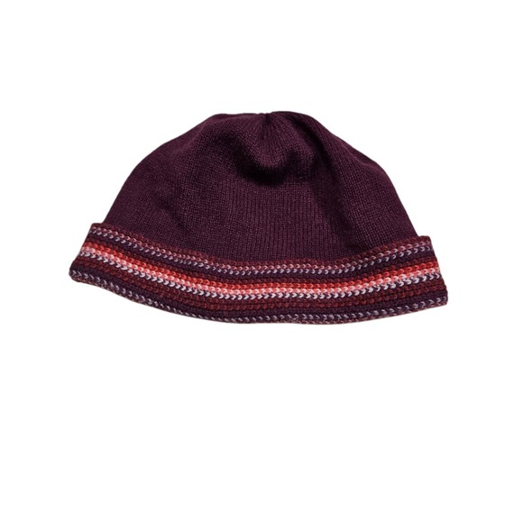 Knit‎ Beanie Hat Winter Warm Striped Maroon Red One Size Lambswool Womens Winter - Picture 1 of 7